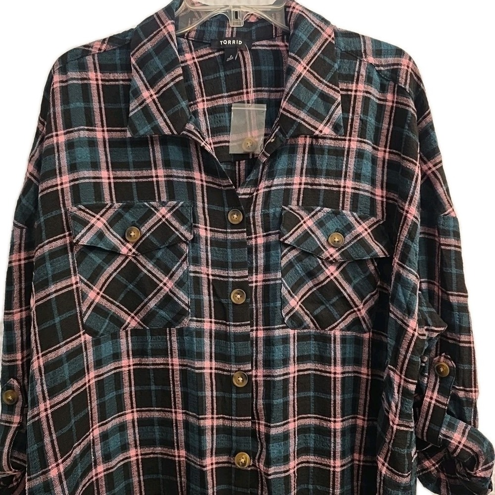 Torrid Size 2X BLACK TEAL‎ PURPLE WHITE PLAID Long Tunic Button Up Shirt Dress